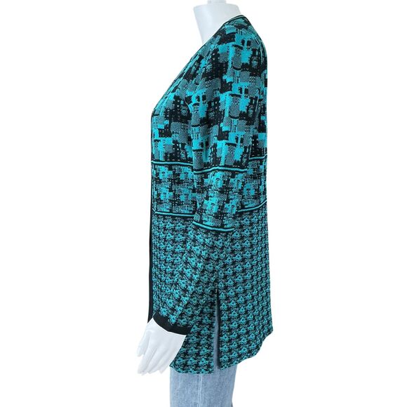 Ming Wang Cardigan Size S Turquoise Black Artsy Print Quiet Luxury Art-to-Wear - Picture 4 of 13